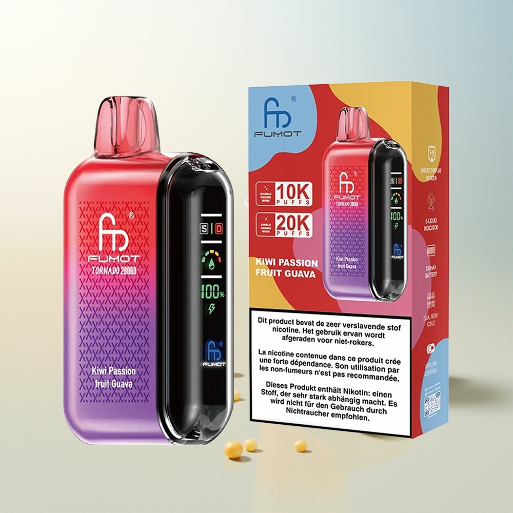 Fumot Tornado 20000 Puffova Kiwi Marakuja Guava Dual Mesh Coil Smart Display